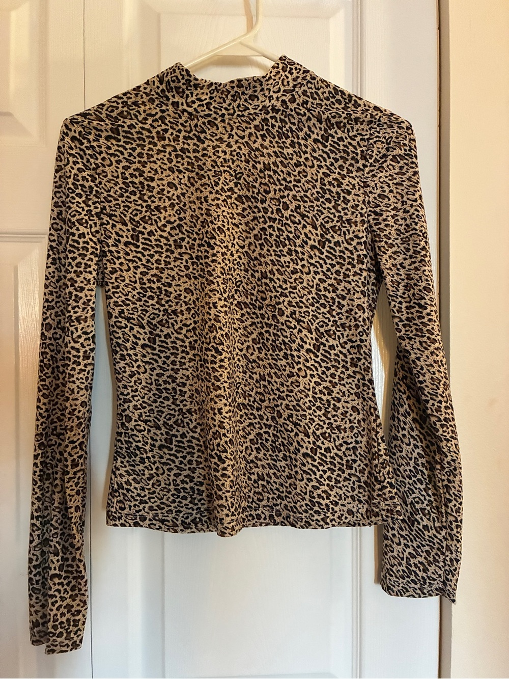 SHEIN Beige and Black Leopard Print Long Sleeve Mock Neck Top